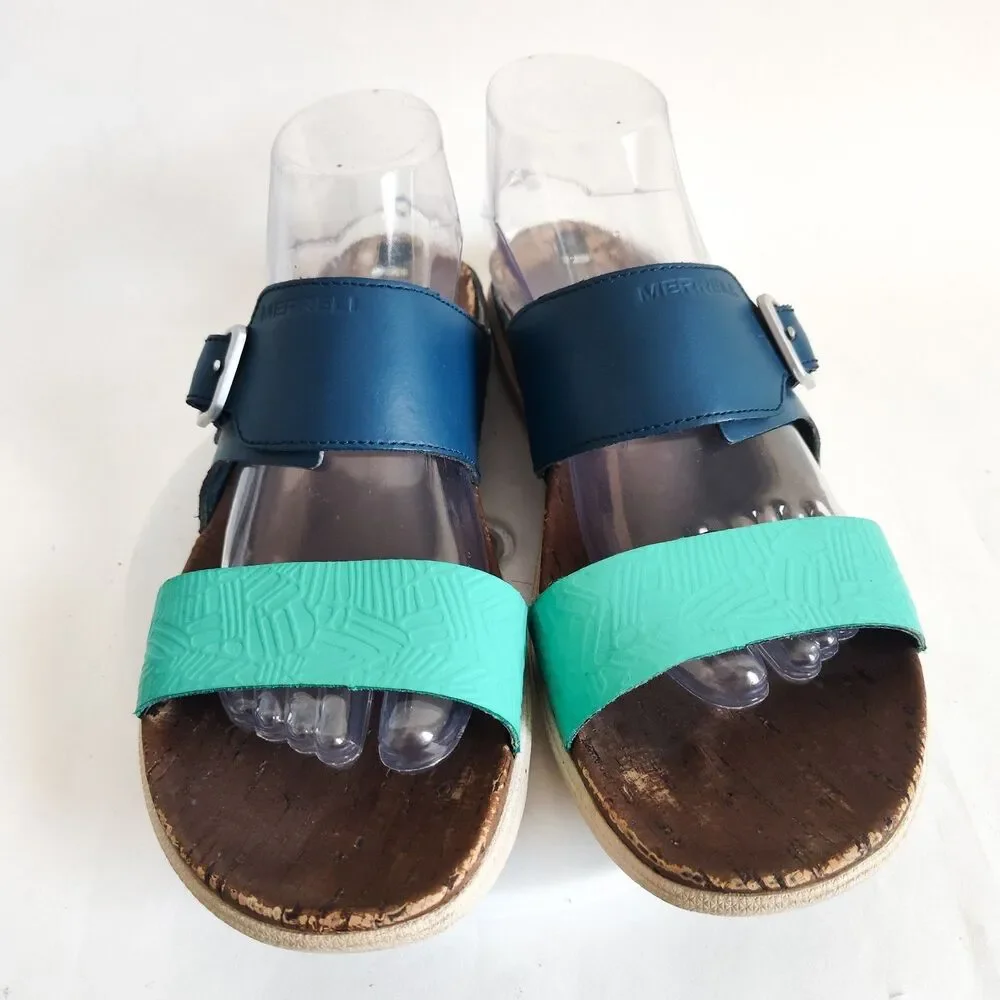Merrell‎ Comfort Sandals Womens 10 Poseidon Blue Teal Leather Slip On Strappy